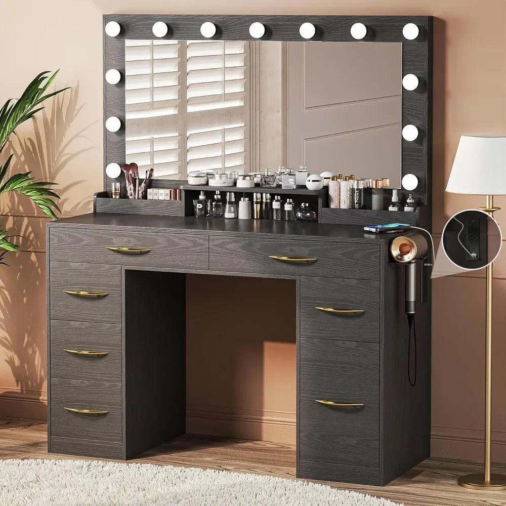 Makeup Vanity Desk with Lights,Desk with Large Mirror, Vanity with Outlets Large Drawers & Storage, 3 Lighting Color