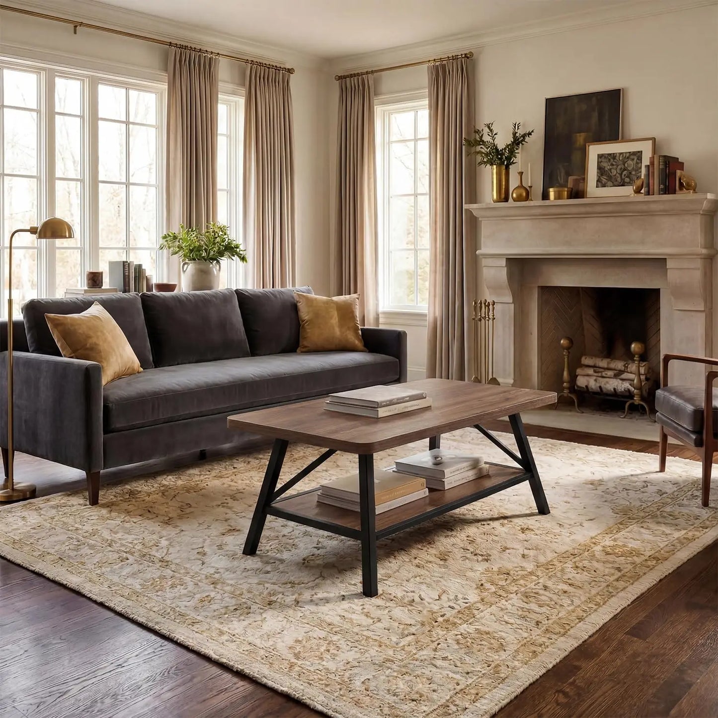 39.4 Inch Coffee Table With Storage Shelf, Industrial Wood Look Metal Frame Center Table For Living Room Apartment Home Office Decor