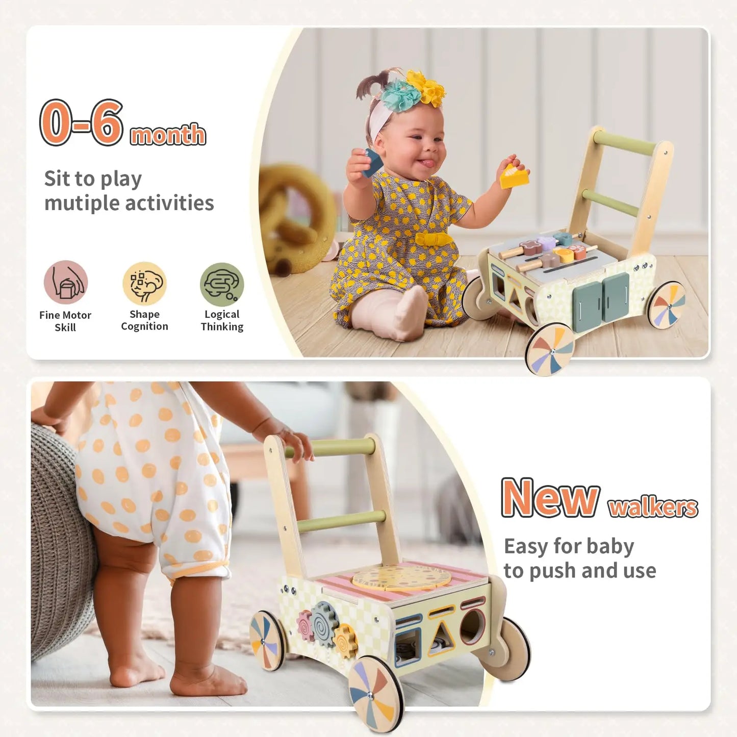 Wooden Baby Push Walker, Kids Play Kitchen Shopping Cart, Baby Walking Toys Activity Center For 1 2 Year Old Girl Boys Gifts