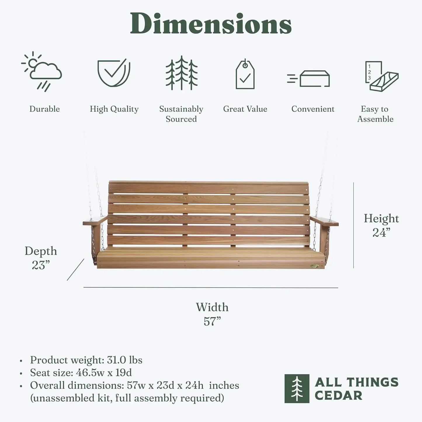 Wooden Porch Swing, Outdoor Patio Furniture, 4 Foot, Natural