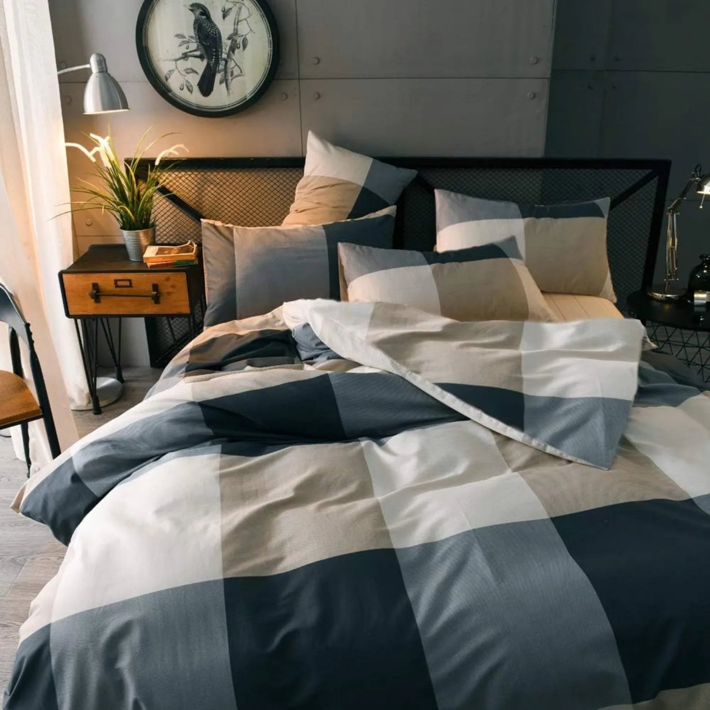 Queen Comforter Set Fluffy Plaid Checkered Pattern Comforter Set Modern Style Geometric Comforter with 2 Pillow Shams Grid Plaid