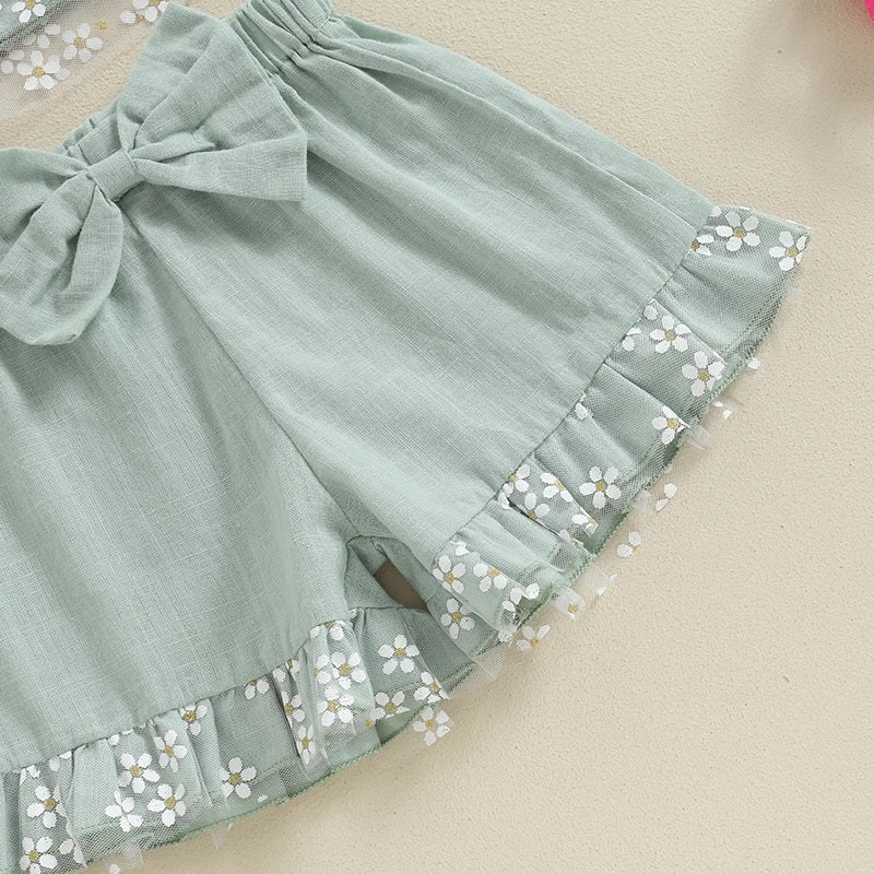 Baby Girl Floral Print Mesh Fly Sleeve Top and Shorts Set with Bow Detail and Matching Headband - 3 Piece Summer Outfit