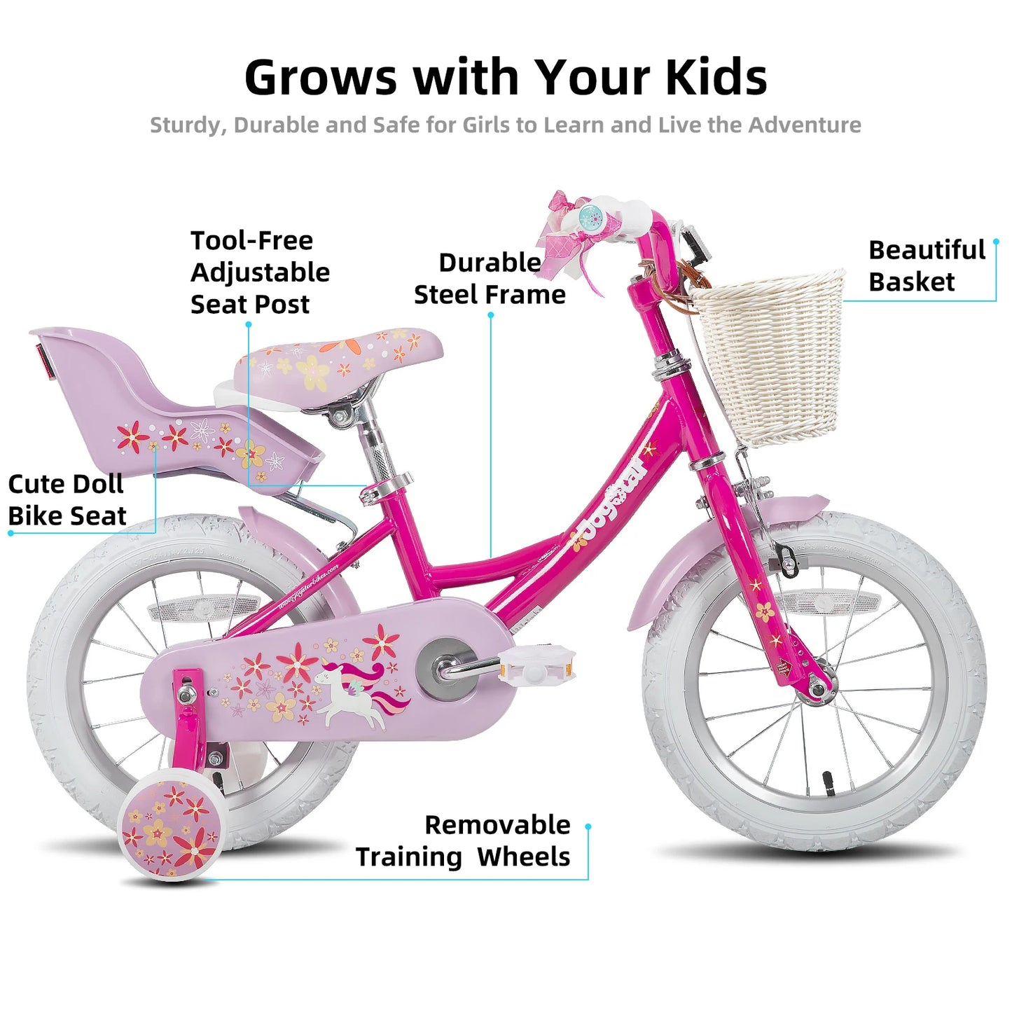 JOYSTAR Kids Bike for Girls Ages 2-9 Years Old, 12 14 16 18 Inch Kids Bike with Training Wheels, Doll Seat, Streamers and Basket