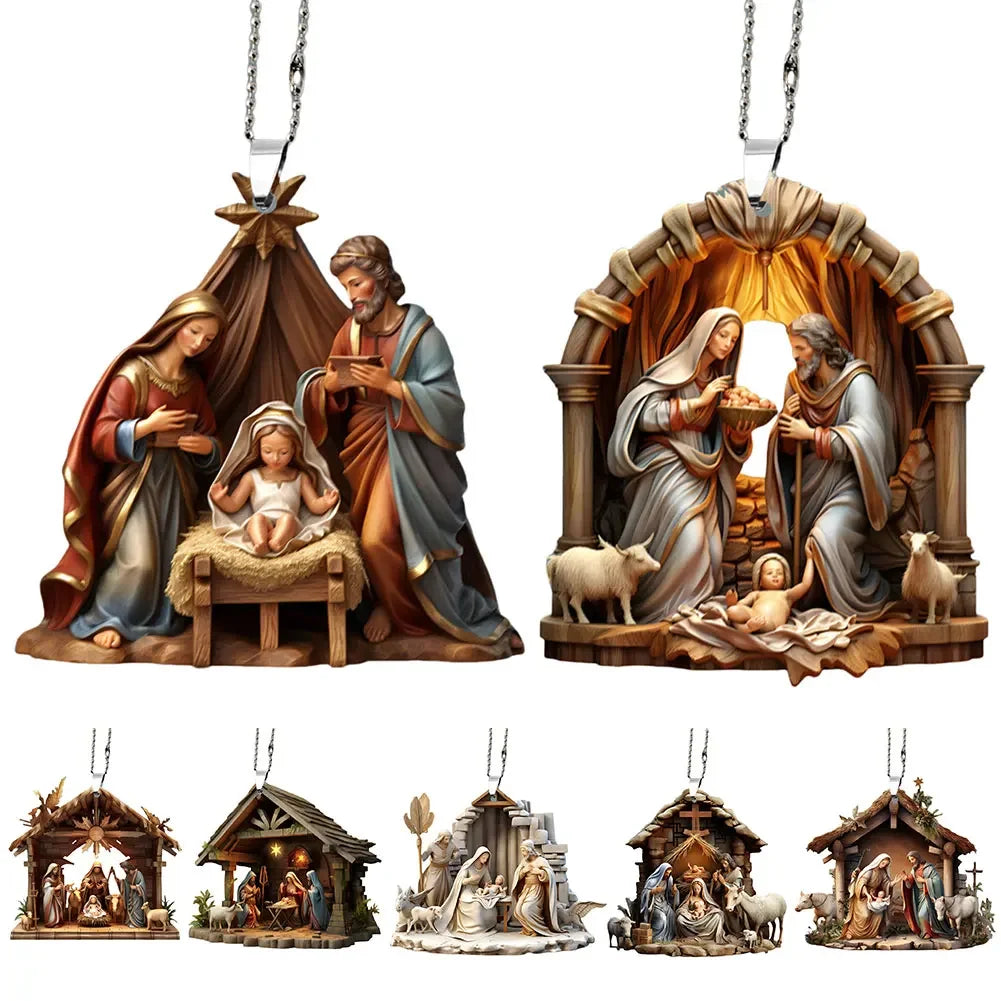 Nativity Scene Hanging Ornaments The Birth Of Jesus Decor Double Sided Car Rearview Mirror Pendants for Car Interior Decor