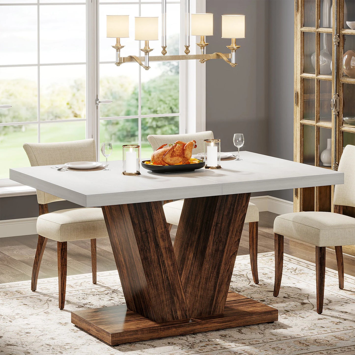 Tribesigns 47-Inch Dining Table for 4, White Kitchen Dinner Table with Heavy Duty Pedestal, Farmhouse Wooden Eating Table