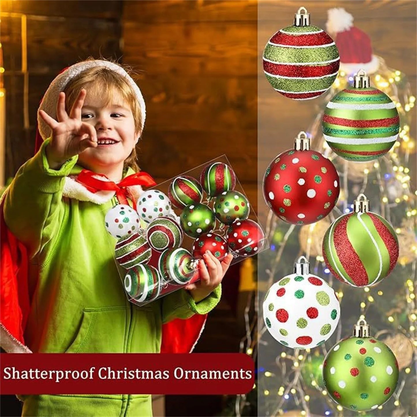 12pcs Christmas Ball Ornaments Glittering Plastic Hanging Decorations Balls Candy Cane Red And Green Christmas Tree Pendants