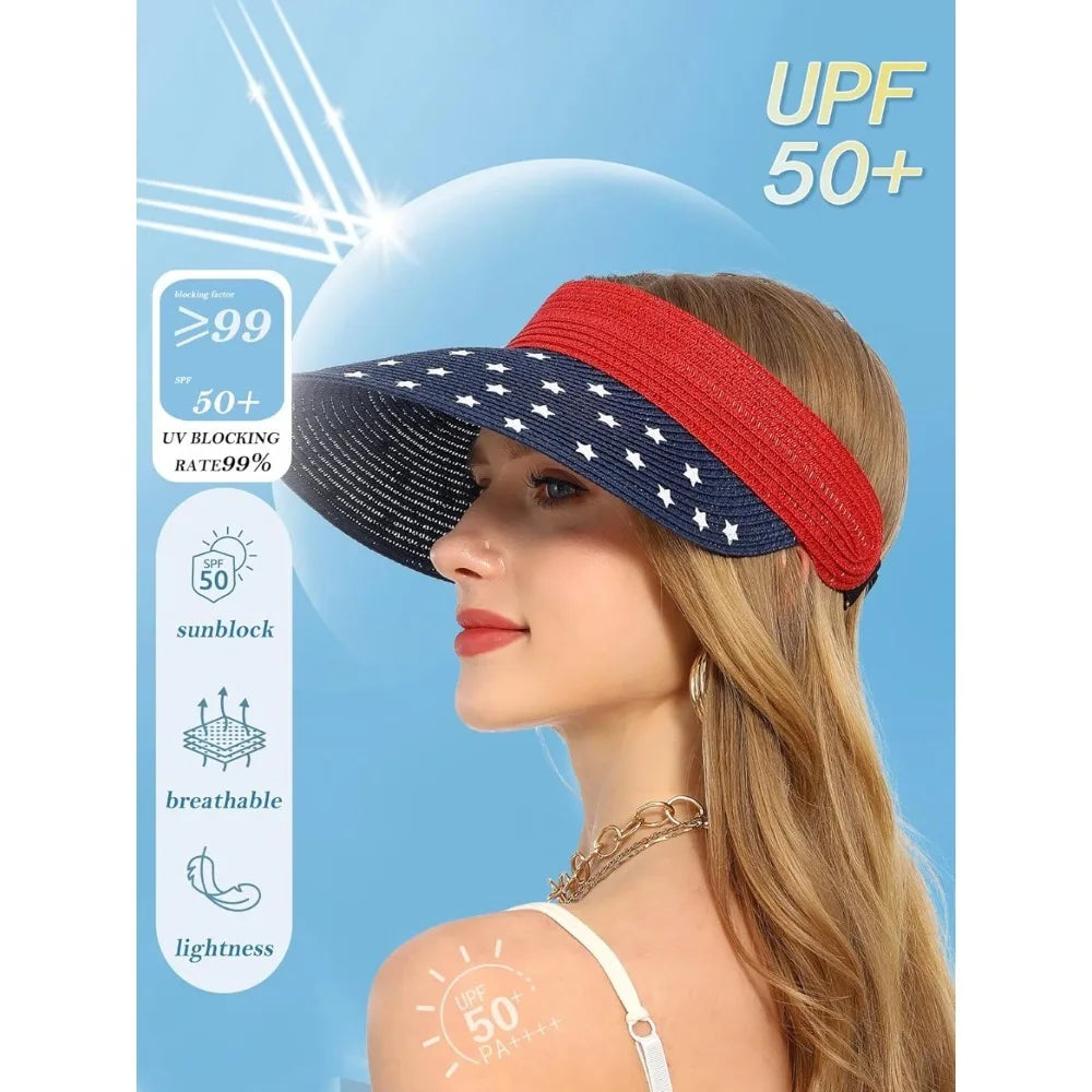 Womens Sun Hat Straw Visor UV Protection Wide Brim Packable Travel Summer Cap for Beach
