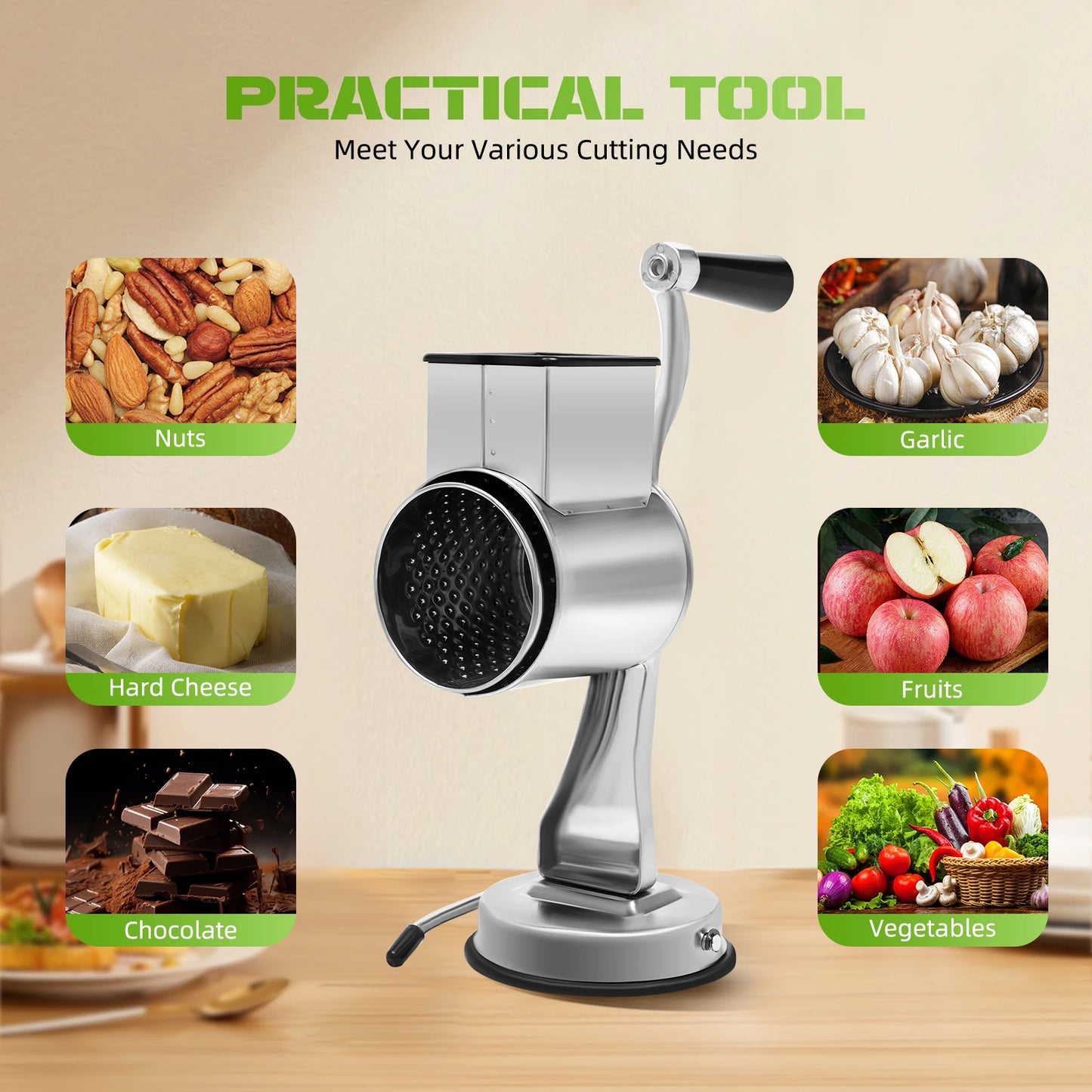 Upgrade Stainless steel Rotary Vegetable Cheese Grater Potato Slicer Rotary Handheld Grater with 5 Blades Dishwasher Safe