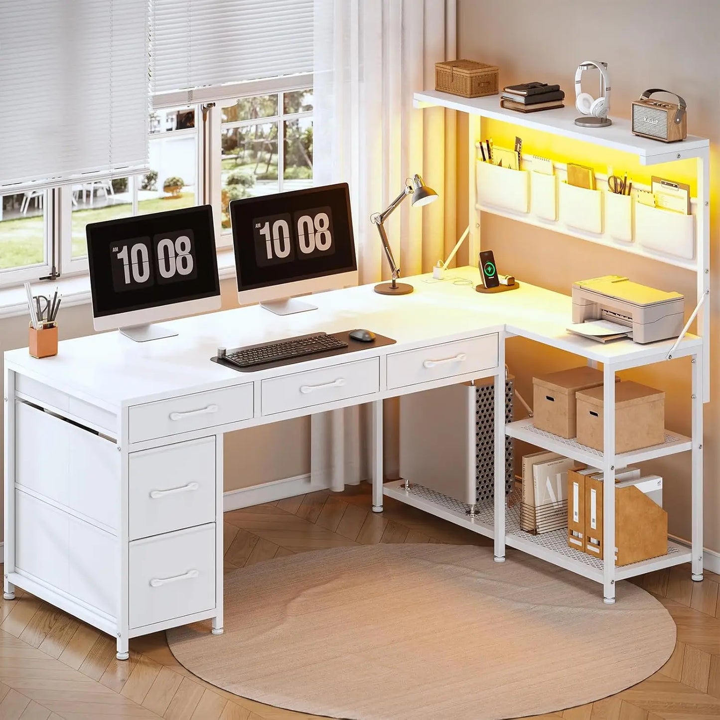 Corner Computer Desk, Reversible L Shaped Computer Desk with Fabric Drawers and Power Outlet, 47.2” Gaming Desk