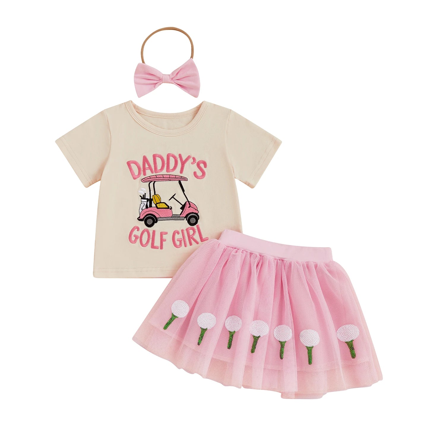 Toddler Girls Summer Sets Letter Golf Cart Embroidered Short Sleeve Round Neck Tops Golf Tulle Skirt with Headband