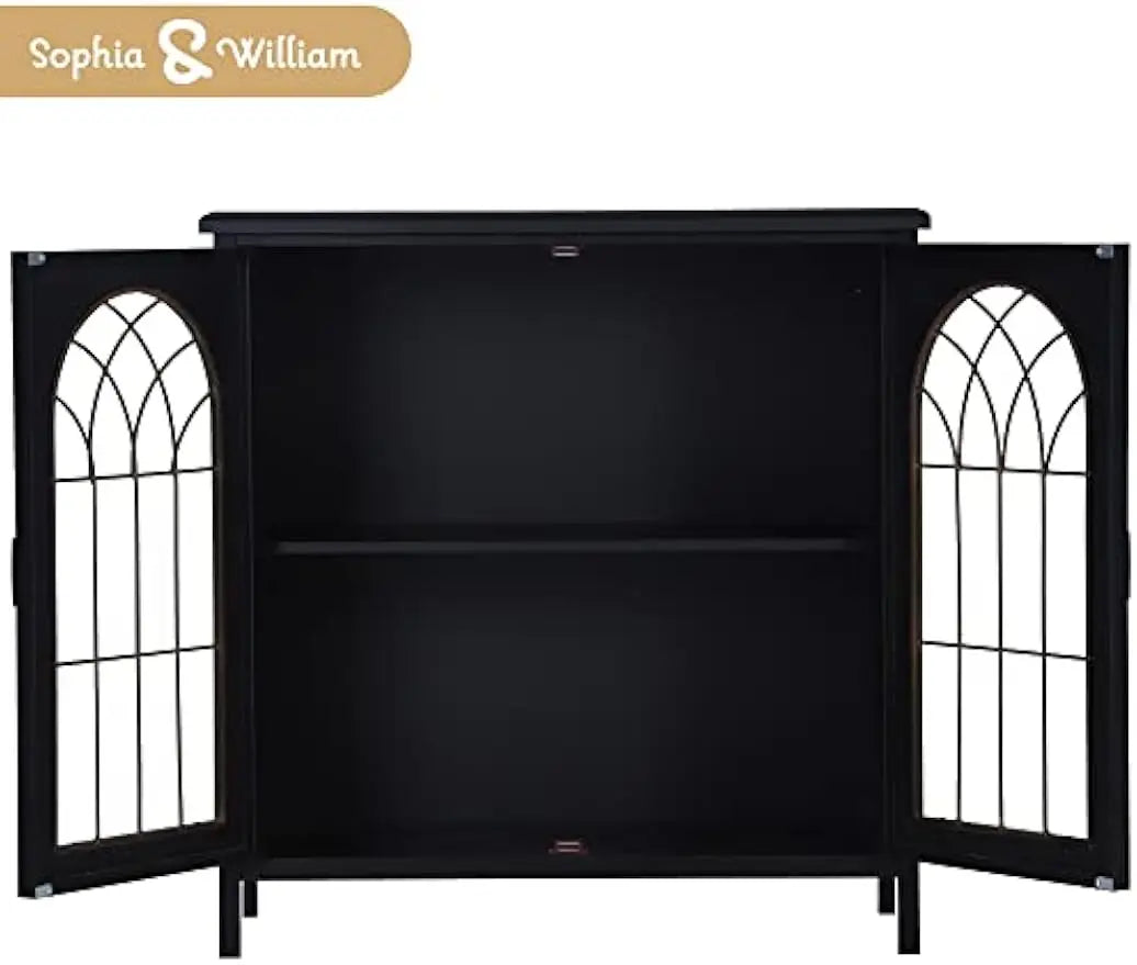 Sideboard Buffet Cabinet Accent Storage Cabinet with Metal Church Window Door for Kitchen Dining Room Entryway, Dark Grey