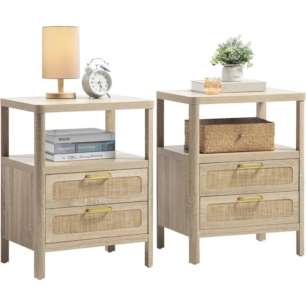 Set of 2 Natural Rattan Nightstands—2 Rattan Drawers + Open Shelf, Farmhouse Wood Bedside End Tables for Bedroom & Living Room