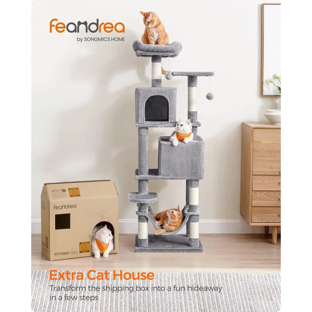 Feandrea Cat Tree, 61-Inch Cat Tower for Indoor Cats, Plush Multi-Level Cat Condo with 5 Scratching Posts, 2 Perches, 2 Caves, H