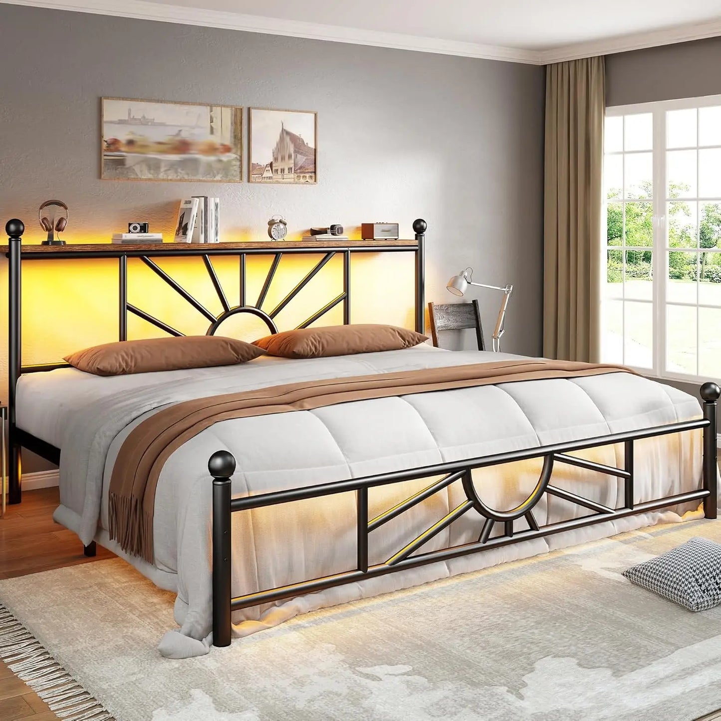 Metal King Bed Frame and Headboard, Footboard,King Size Bed Frame with LED Light, Mattress Foundation with Under Bed Storage