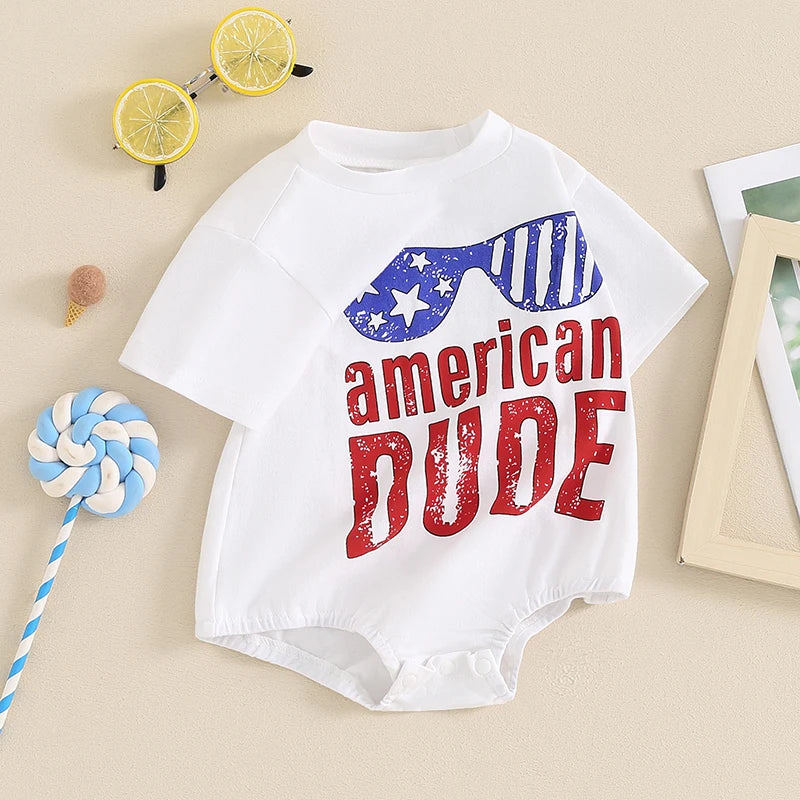 Cute Baby Independence Day Romper with American Flag Print Short Sleeve Round Neck Jumpsuit for Boys and Girls