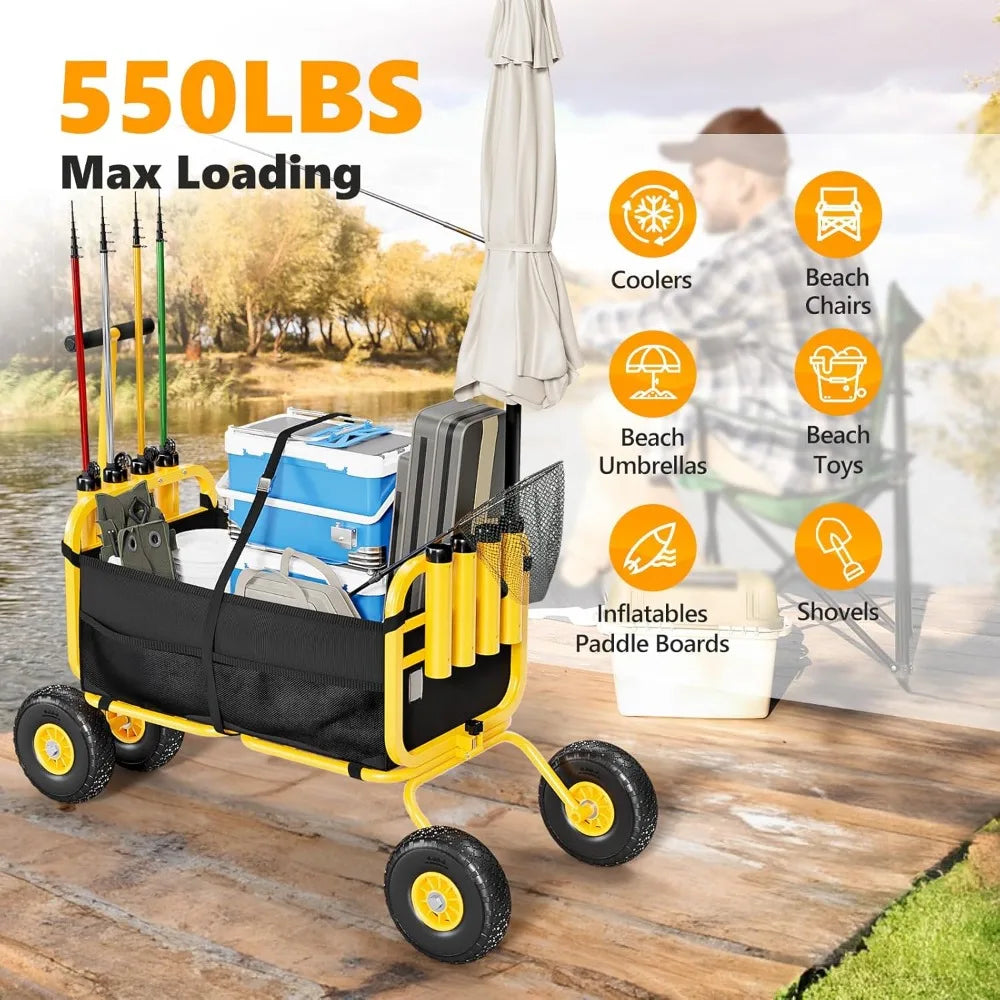 Hot Sale - Fishing Cart, Foldable Trolley with 11" Airless Tires, Beach Trailer with Large Cargo Basket, 550 lbs Load Capacity