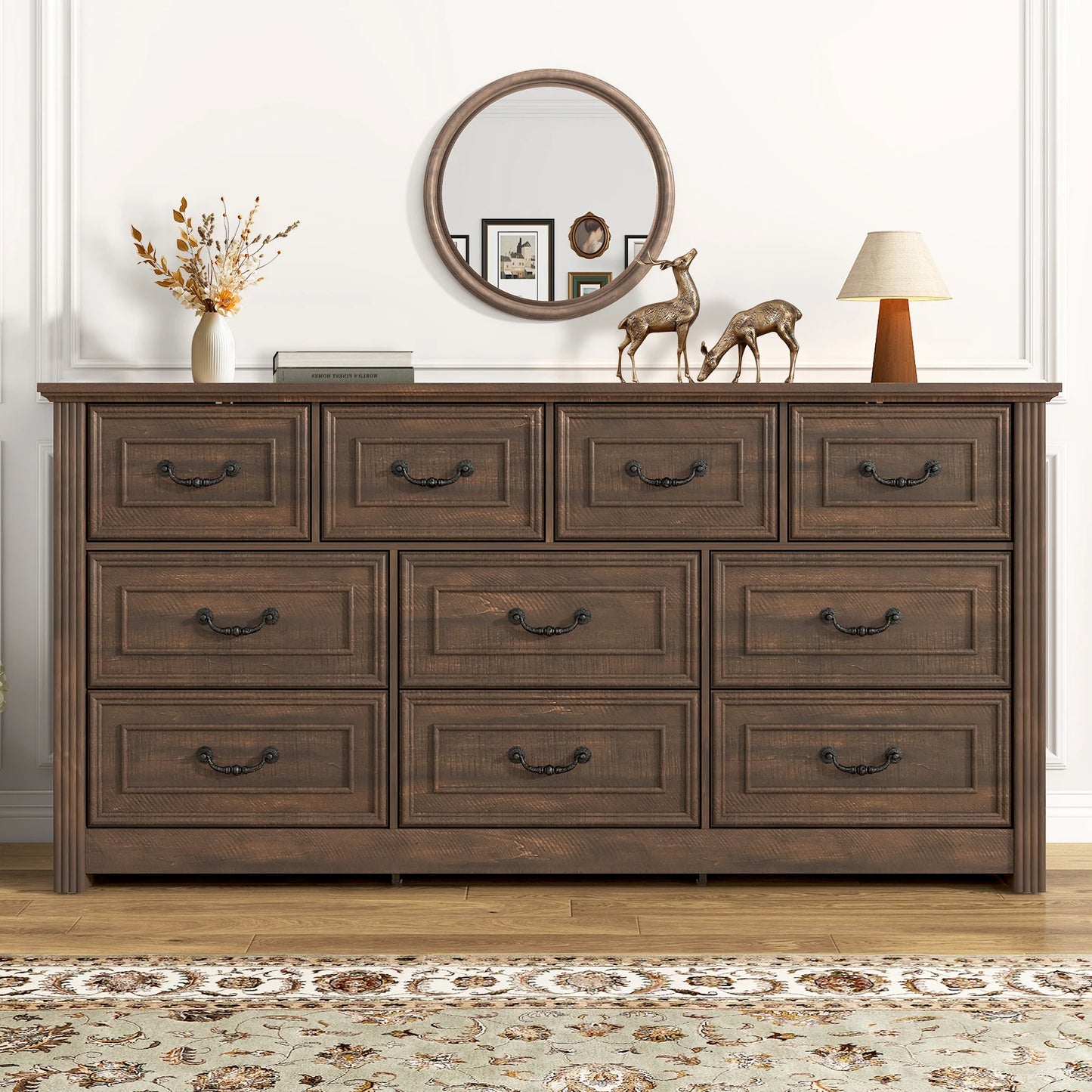 Farmhouse 10 Drawer Dresser for Bedroom, 63” Wood Chest of Drawers with Rustic Handles, Wide Closet Dressers Organizer