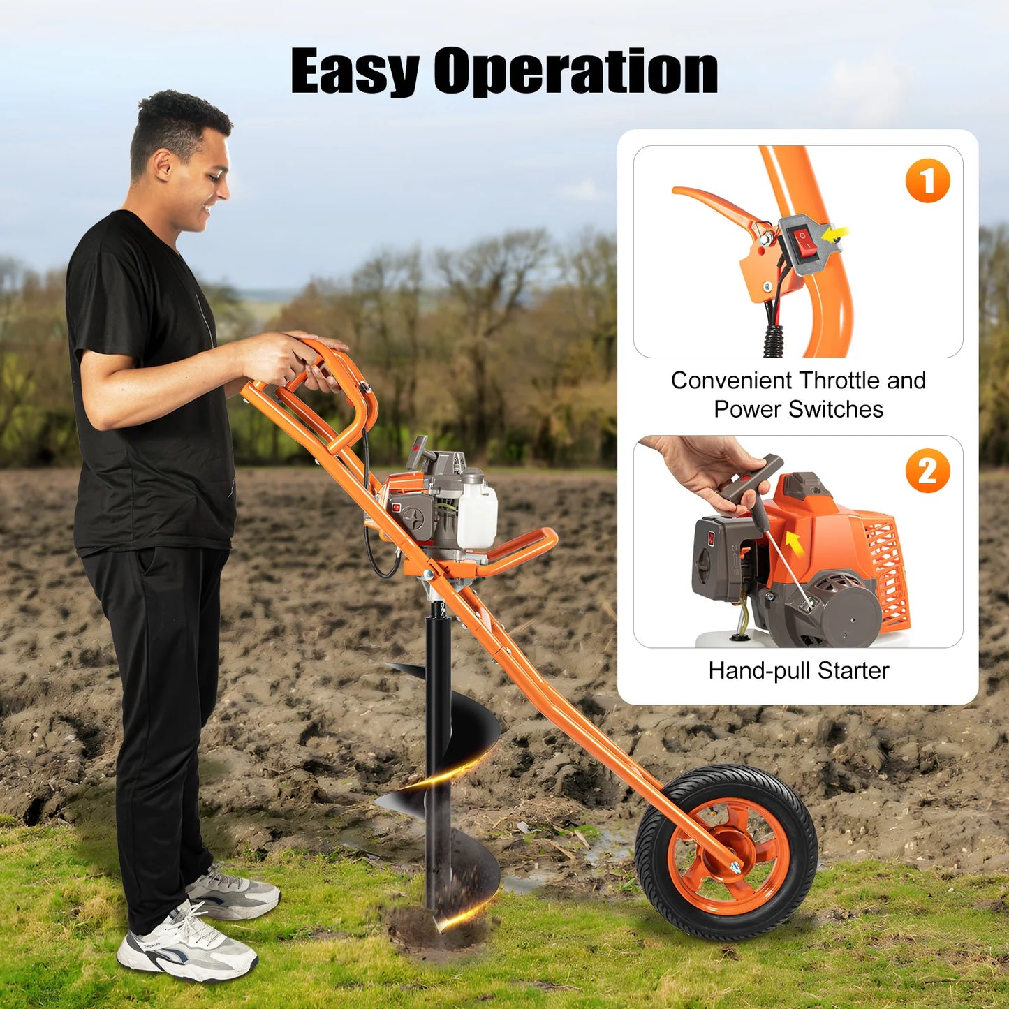 2-Stroke 63CC Post Hole Digger with Earth Auger Drill, 3HP Gas Powered Earth Auger Borer Ground Drill