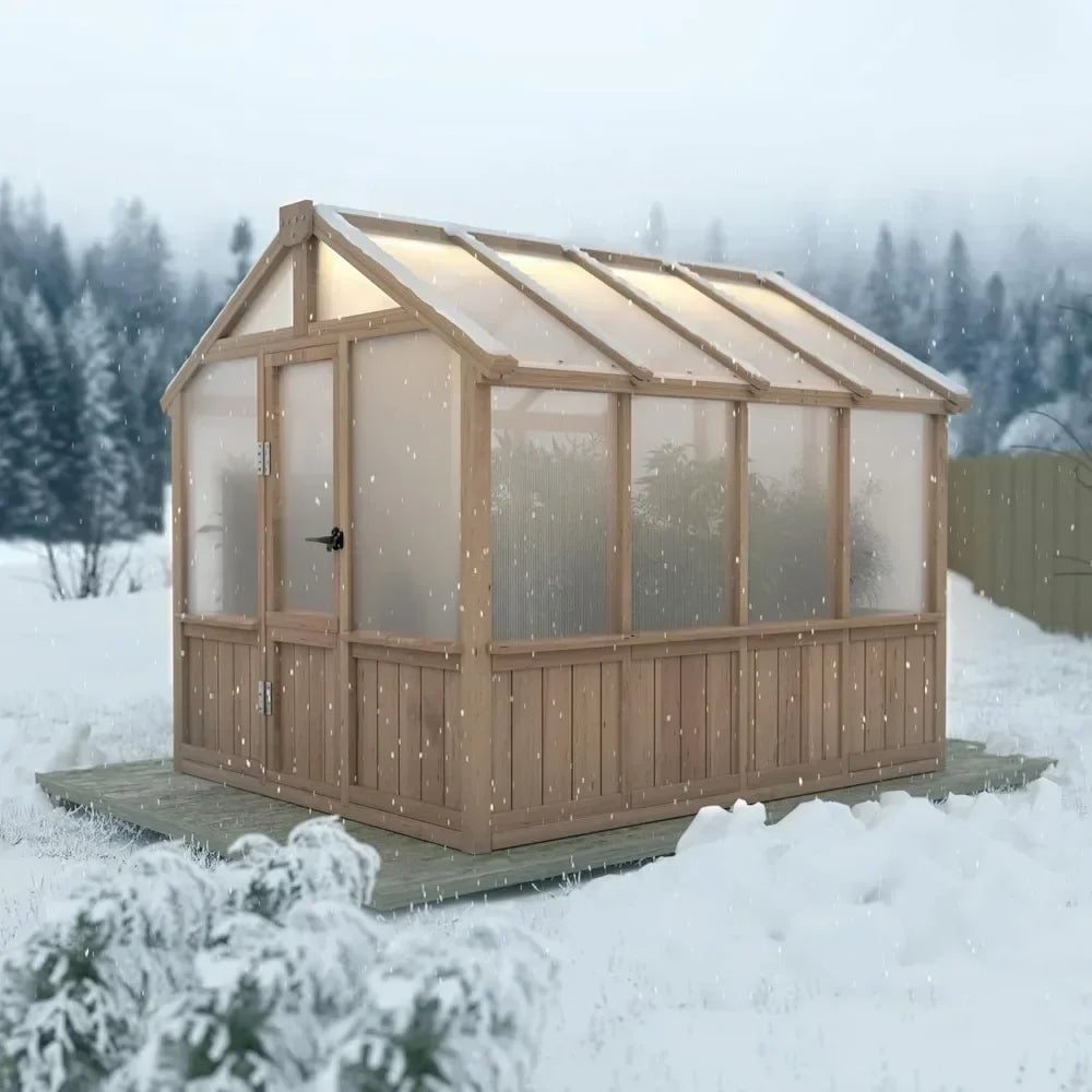 6x8 FT Greenhouse Kit,Adjustable Roof Vent 6MM Thick Polycarbonate Panel Wooden Walk-in Green House with Lockable Door