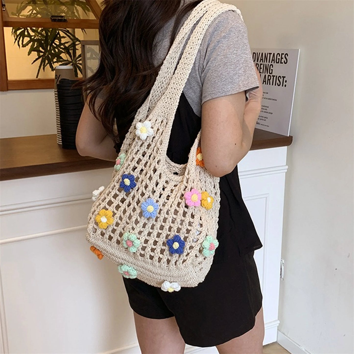 Elegant Floral Embroidered Beach Tote Bag with Tassel Detail Stylish Crochet Shoulder Bag for Summer Vacation Large Capacity
