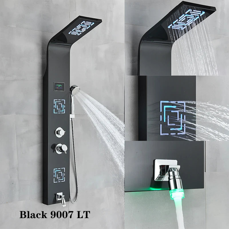 ALENARTWATER Bathroom Shower Panel LED Waterfall Shower Water Top Spray Temperature Display Faucet Back Massage with Water Tap