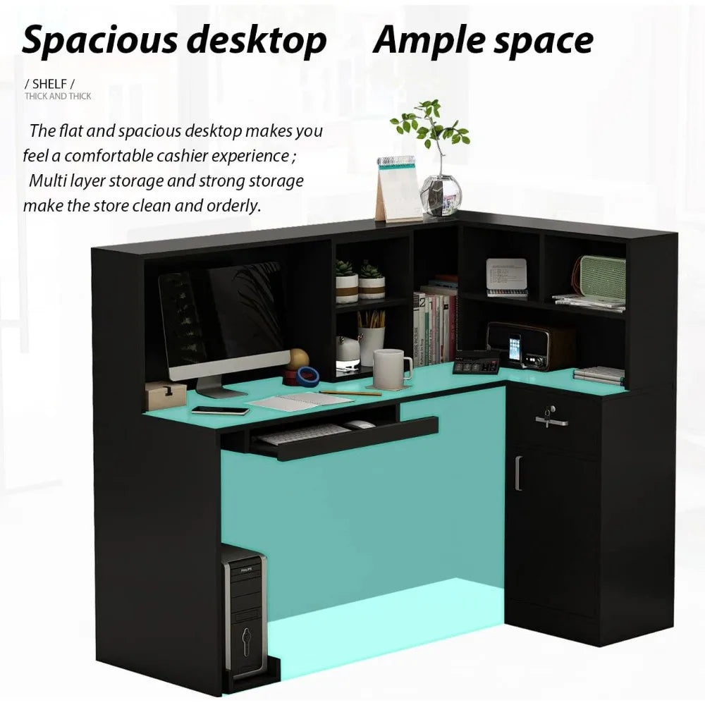 Reception Desk Reception Stations with Open Shelf & Drawers, L Shape Reception Table Wooden Computer Desk