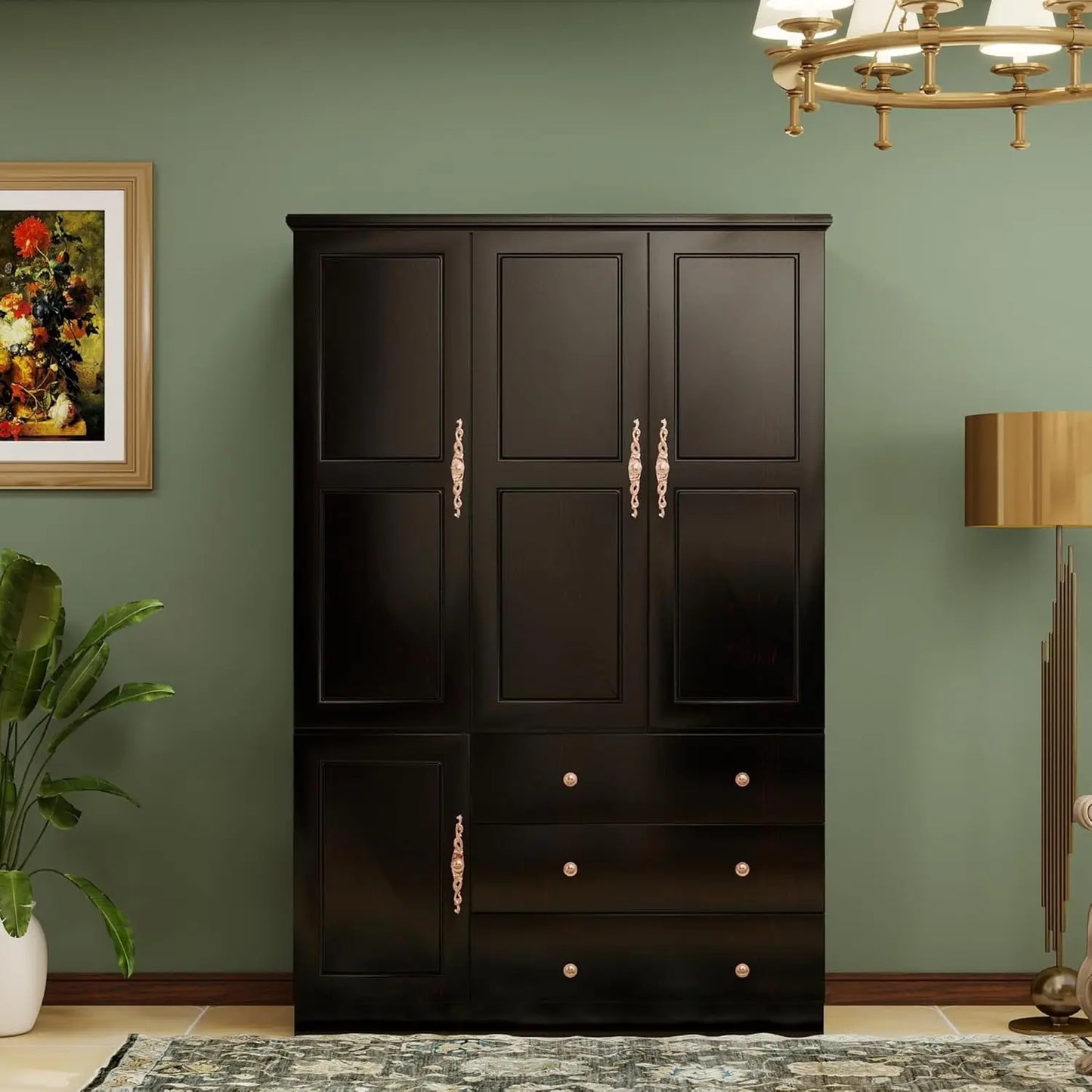 4-Door Solid Wood Armoire - Elegant Wardrobe with 2 Drawers & Dual Hanging Rods