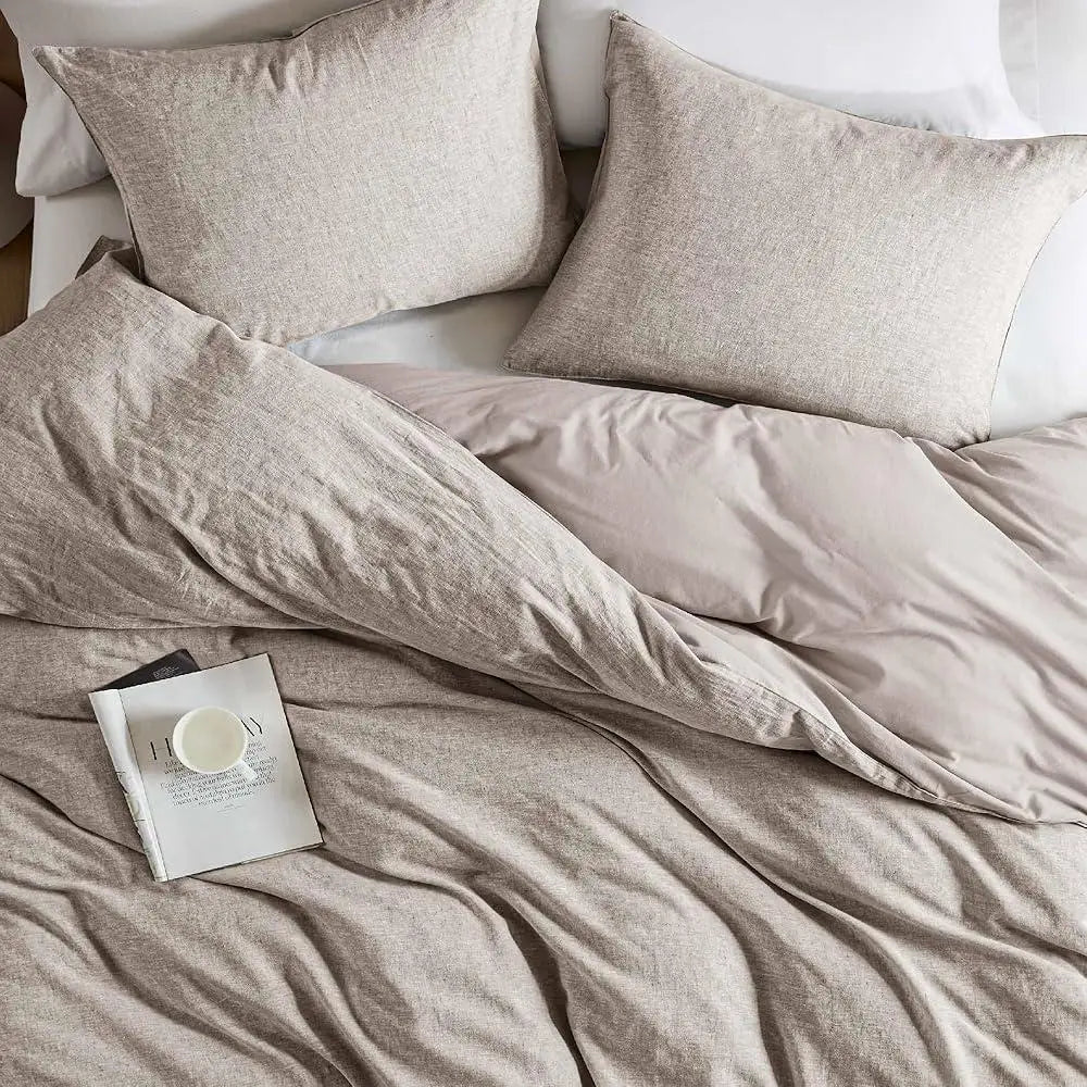 Linen Cotton Blend Duvet Cover Set Organic Natural Soft Bedding Queen Size 3Pcs Textured Minimalist Design Eco-Friendly Home