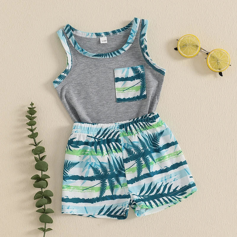 Toddler Baby Boy Shorts Set Leaf Print Sleeveless Tank Tops Elastic Waist Shorts 2 Pcs Summer Outfit