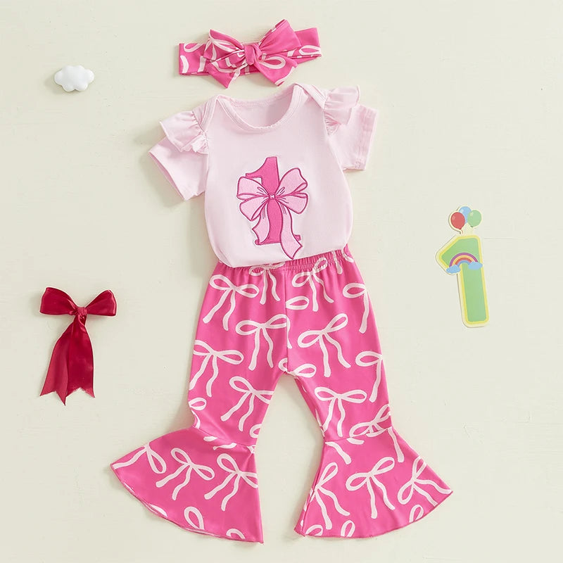 Adorable Baby Girl Floral Print Sleeveless Romper with Matching Bow Headband and Ruffle Hem Pants 3-Piece Outfit Set for Summer