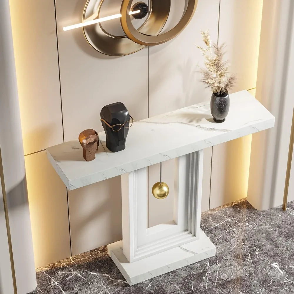 Modern Console Table, 40 Inches Faux Marble Sofa Table, Contemporary Entryway Table with Pendulum Shape Base for Living