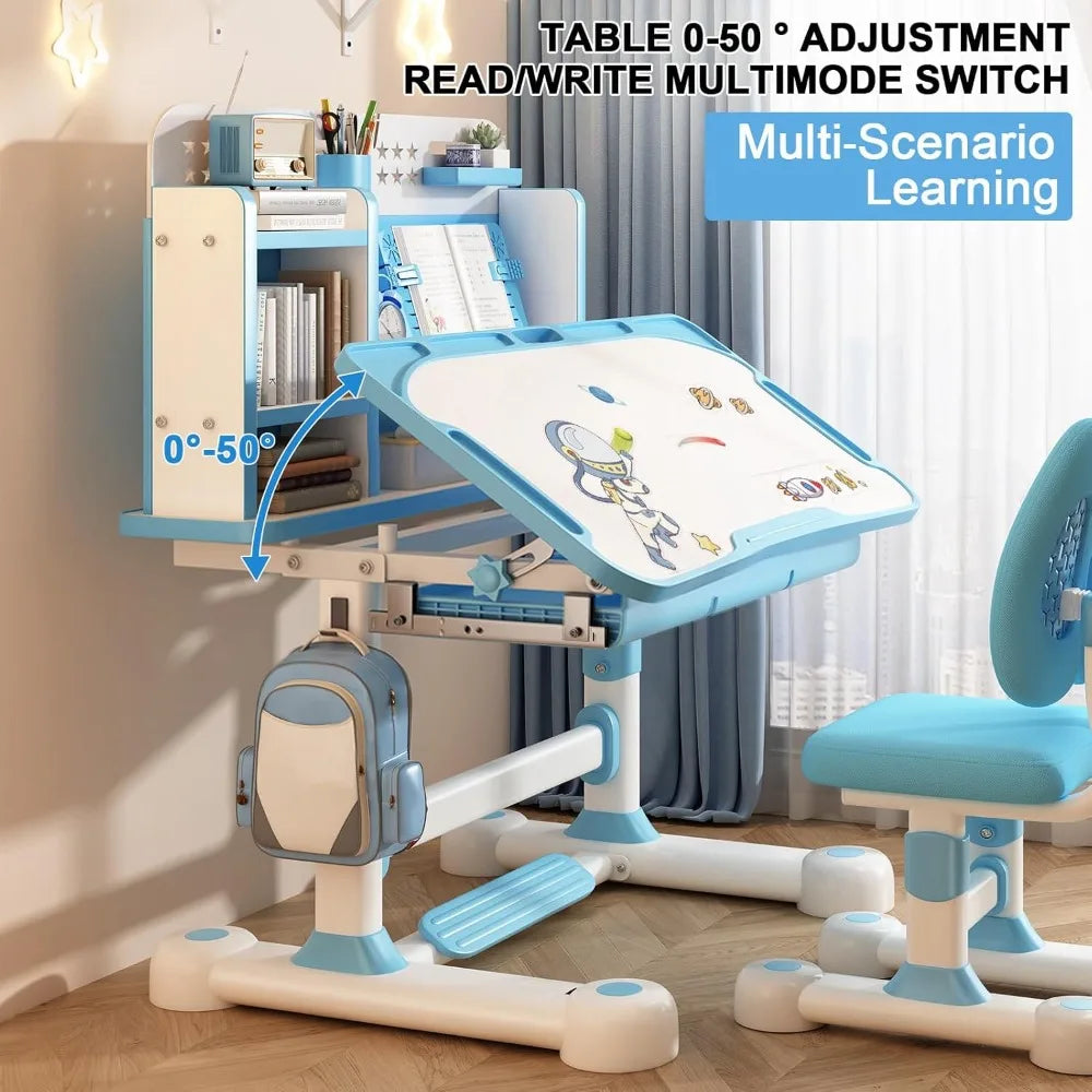 2025 Upgraded Kids Desk and Chair Set, 50 Degree Tiltable&Height Adjustable Kids Desk with Storage Drawers and Bookshelf, Ergono
