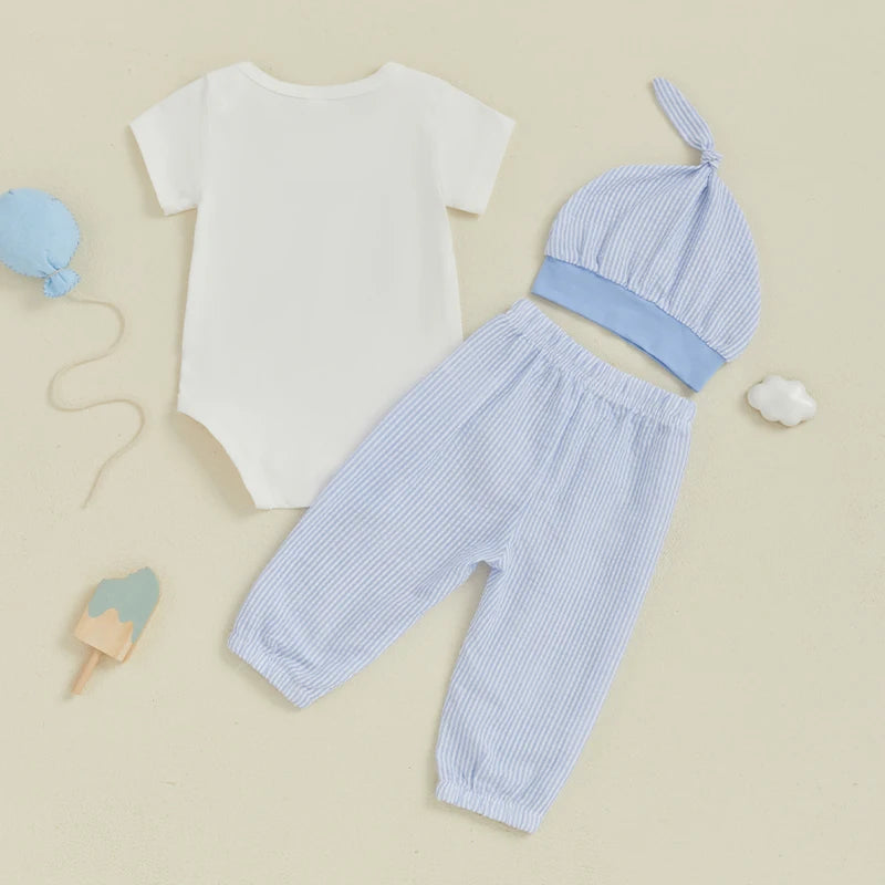 Infant Baby Boys Girls Summer Outfits Golf Cart Print Short Sleeve Romper with Stripe Pants and Hat 3 Pcs Set