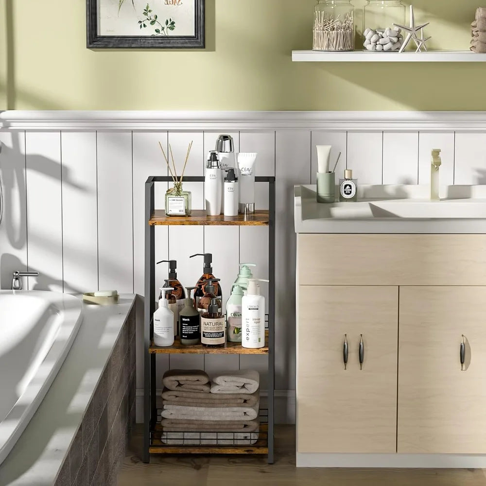 3-Tier Bathroom Shelf with Fence, Retro Bathroom Organizers and Storage Stand, Wood Shelving Unit with Metal Frames, Classic Ope
