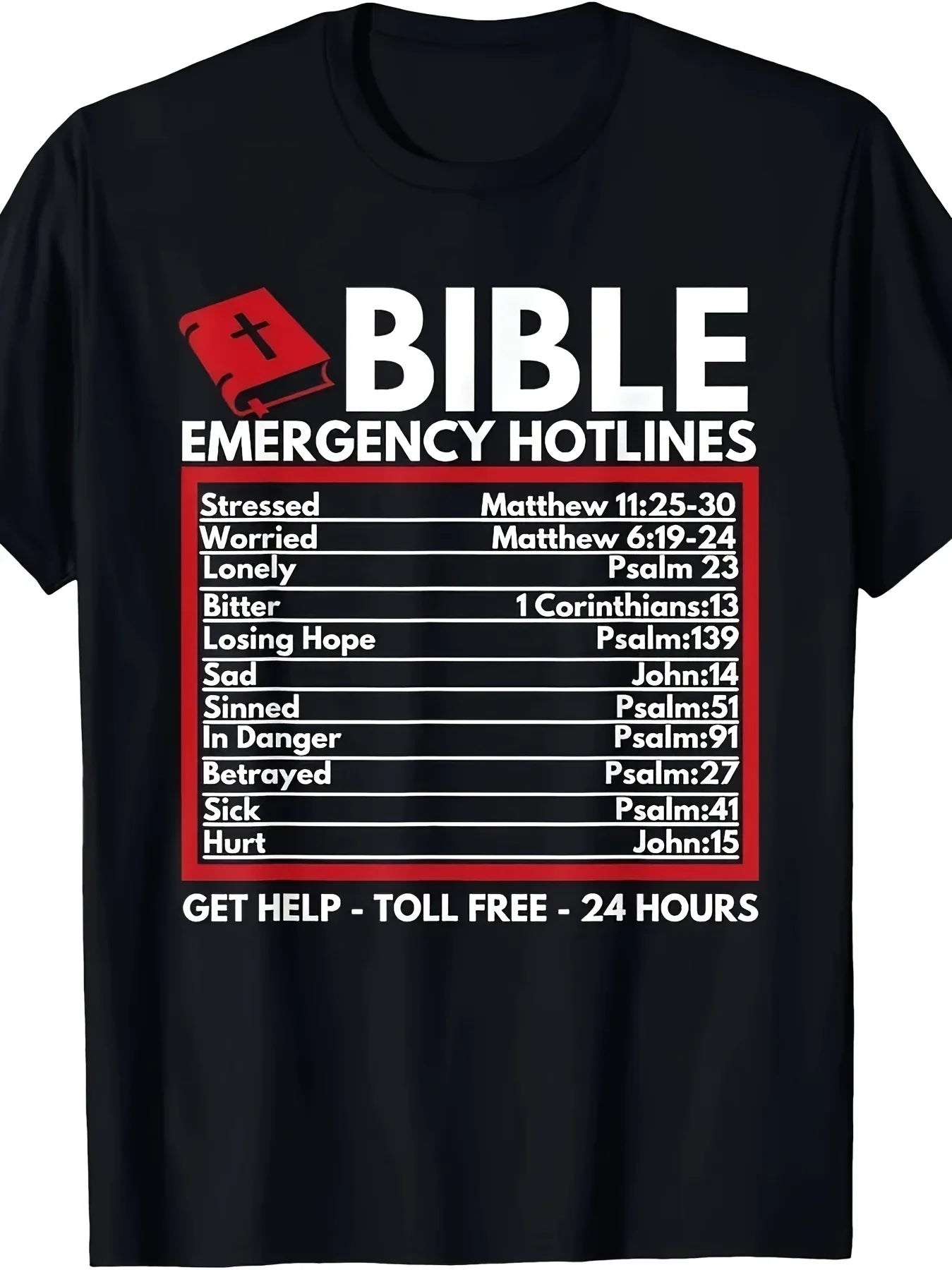 Bible Emergency Numbers - Funny Christian Bible & Jesus T-Shirt-100% Cotton -220g