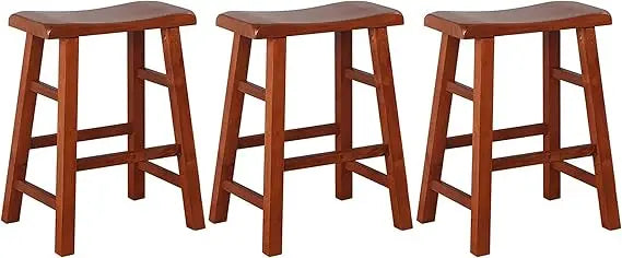 Heavy-Duty Solid Wood Saddle Seat Kitchen Counter Height Barstools, 24 Inches, Dark Oak, Set of 3