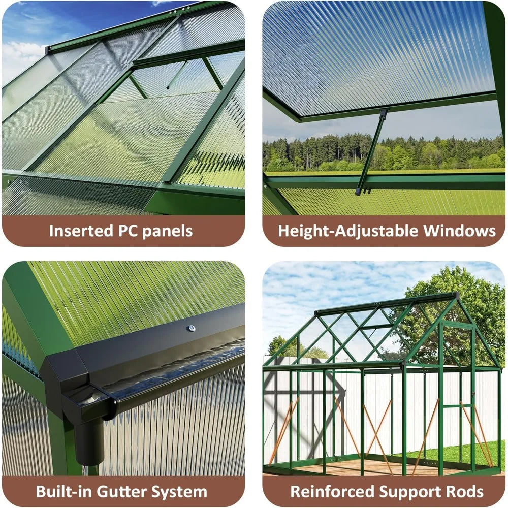 Greenhouse - 8x12 FT, Polycarbonate, Aluminum Frame, Roof Vent, Large Walk-in, Green