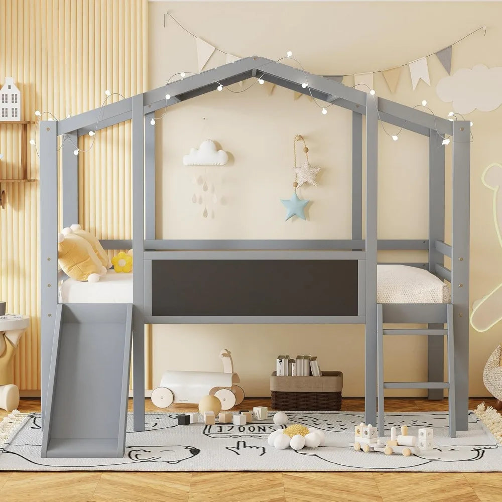 Harper & Bright Designs Kids House Loft Bed with Slide, Twin Size Low Loft Bed with LED Lights & Blackboard, Wood Playhouse Loft