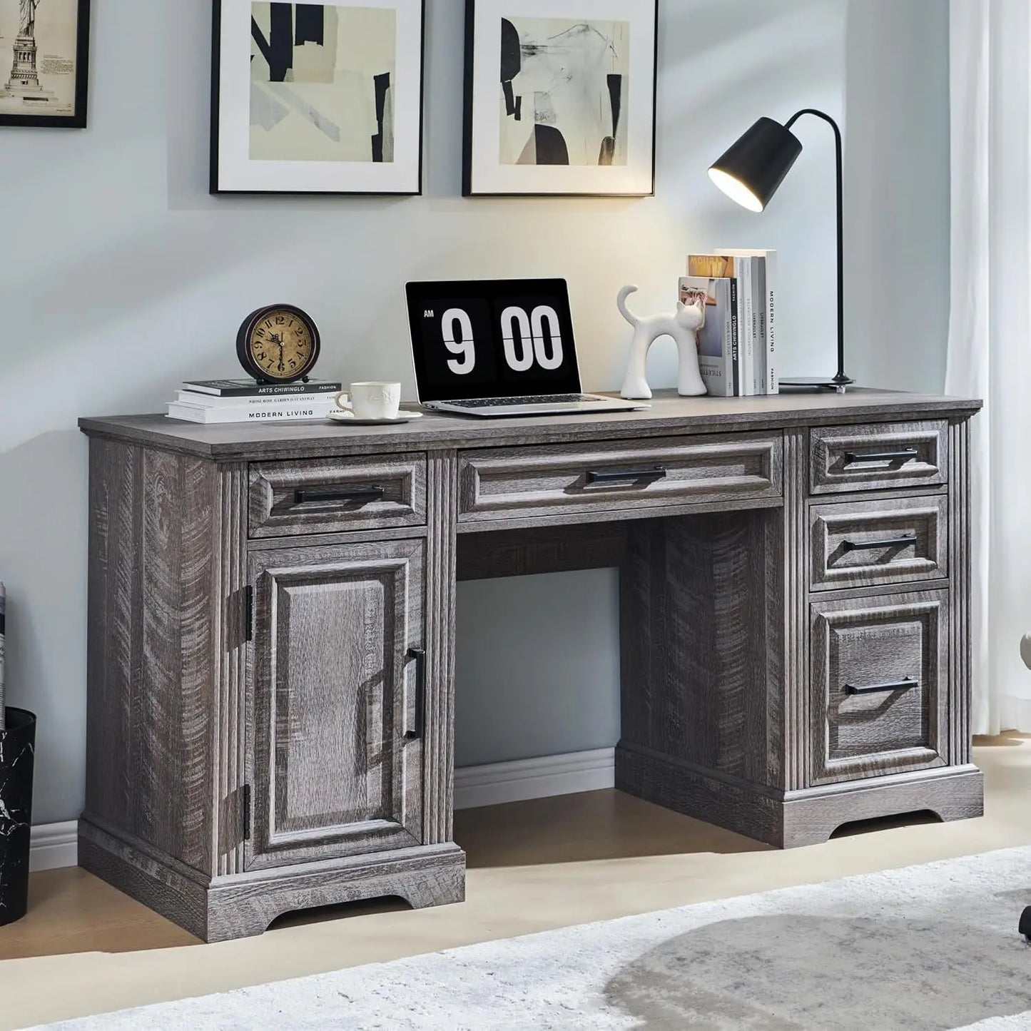 58" Executive Desk, Farmhouse Computer Desk with Drawers and Cabinet, Embossed Texture Home Office Desk, Workspace for Work Stu