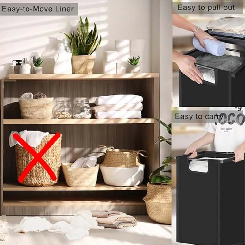 Pull-Out Laundry Basket with Shelf and three Shelf,Laundry Basket Organizer Section with Removable Laundry Bags for clothes