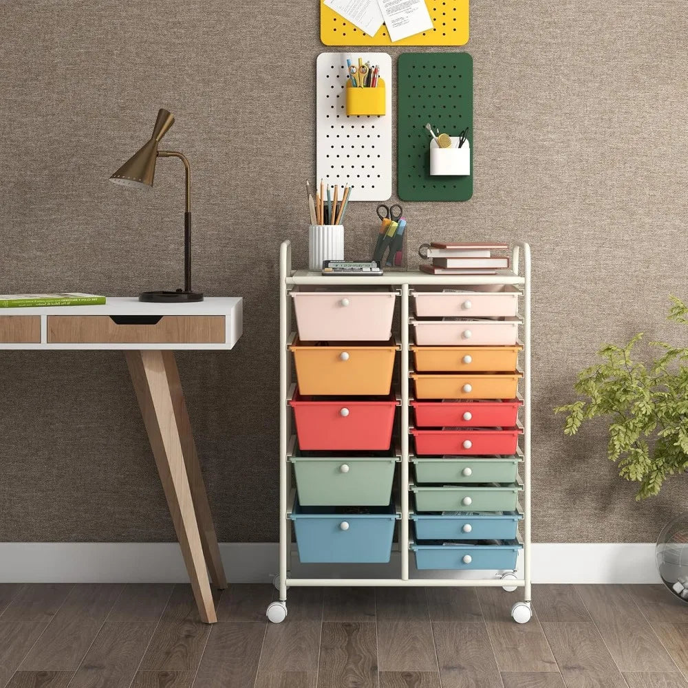 15-Drawer Rolling Storage Cart, Multipurpose Movable Organizer, Utility Cart for Home, Office, School, Macaron Color
