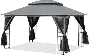 10' X 13' Outdoor Gazebo, Soft Double Roof Canopy Tent with Mosquito Netting, Party Tent Shelter with Corner Frame Shelves for