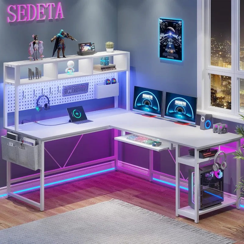SEDETA White L Shaped Gaming Desk, Reversible Corner With Power Outlet and Pegboard, Hutch, Storage Shelf