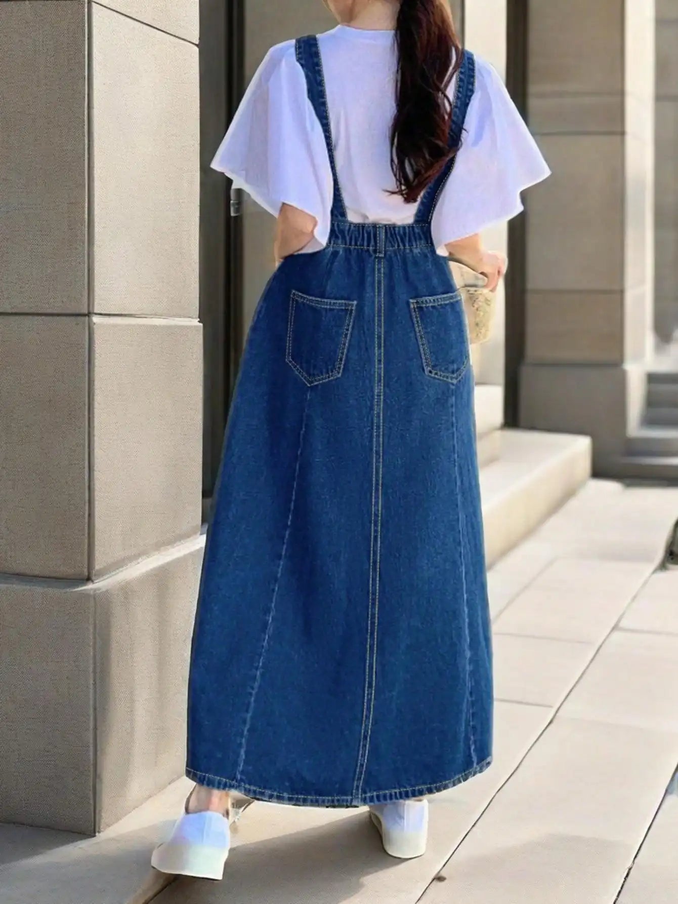 2025 New Arrival Women's Denim Overall Dress blue Casual Summer Style Loose Fit denim skirt High Waisted Long Skirt