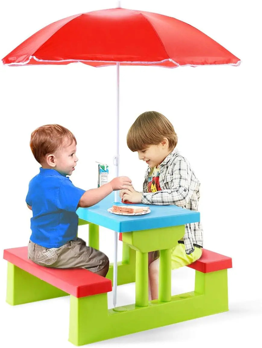 Kids Picnic Table, Toddler Plastic Outdoor Table & Bench Set with Umbrella, Children Patio Furniture Set for Backyard Garden