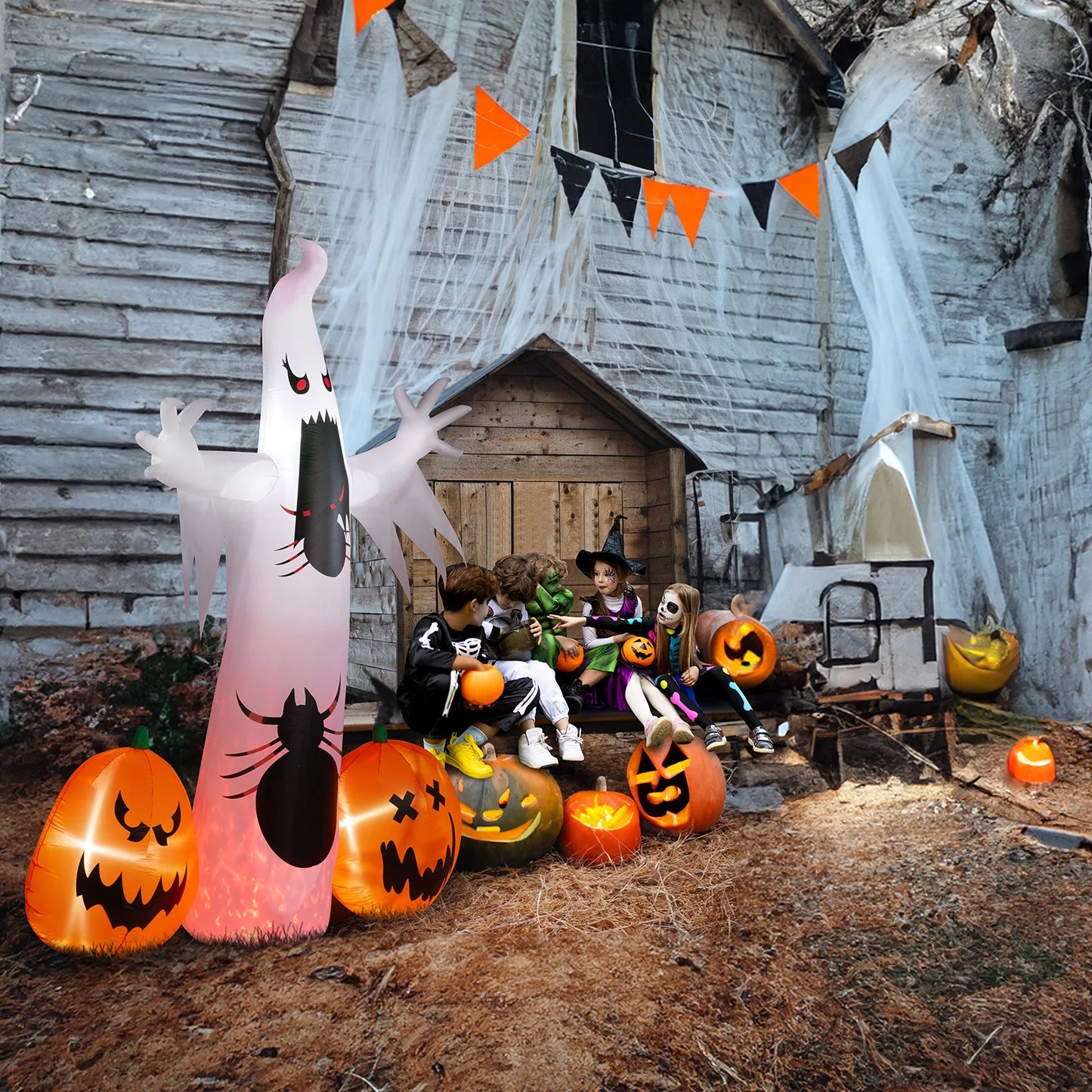 11.8 FT Halloween Inflatables Ghost Spider Pumpkin Outdoor Decorations, Scary Halloween Giant Blow up Ghost Decorations