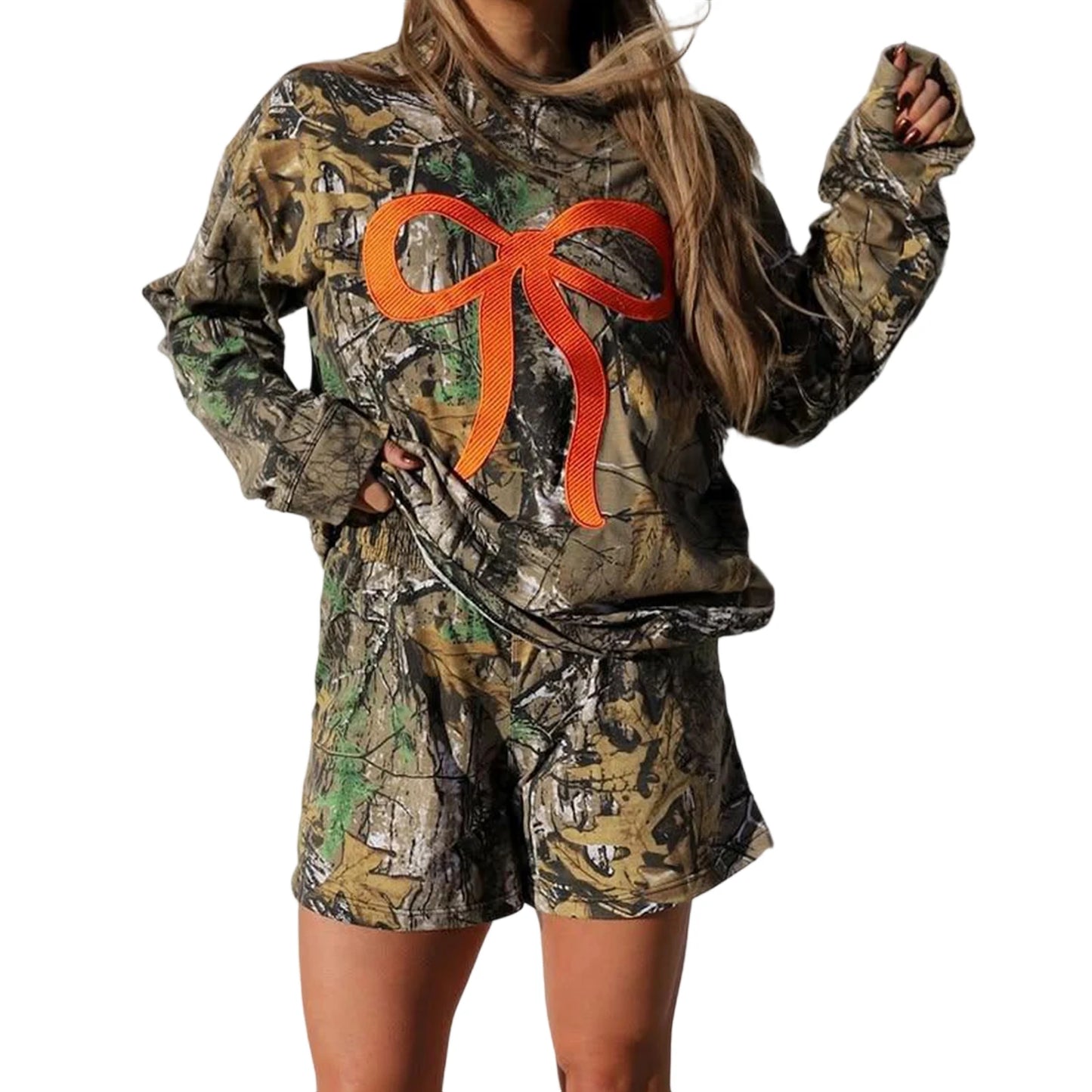 Women s Activewear Set with Bow Embroidery Detail Camouflage Print Long Sleeve Sweatshirt and Elastic Shorts for Stylish