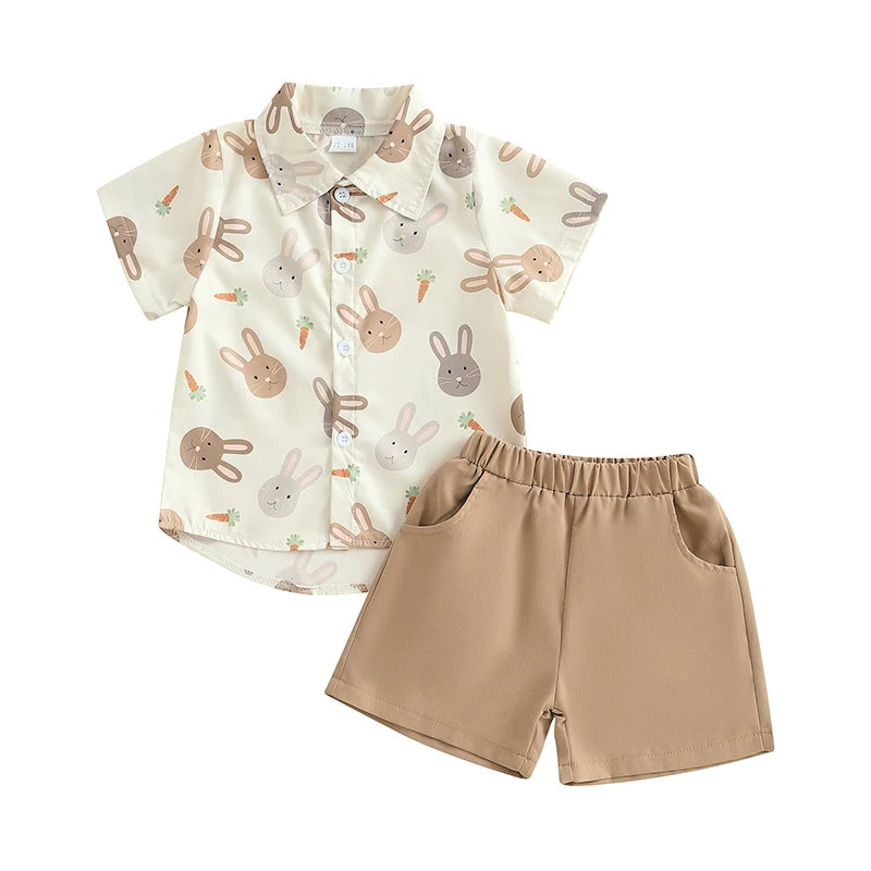 Easter Bunny Print Toddler Boy Short Set with Short Sleeve Button-up Shirt and Elastic Waistband Shorts Featuring Pockets