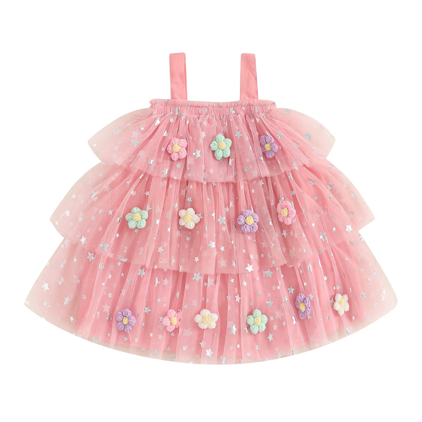 Kids Girls Dress Flower Decor Sequins Star Sleeveless Layered Tulle Casual Dress Toddler Summer Dress