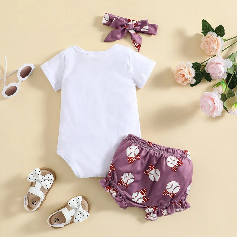 3 Pcs Newborn Casual Outfits Toddler Letter Print Short Sleeve Round Neck Bodysuit Baseball Print Shorts Bow Headband